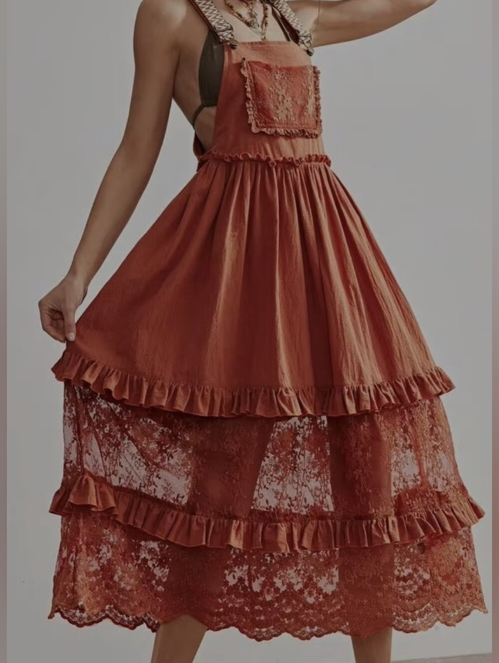 Bib Style Overall Dress Boho Cottagecore Whimsigoth Steampunk Lace Rust Large